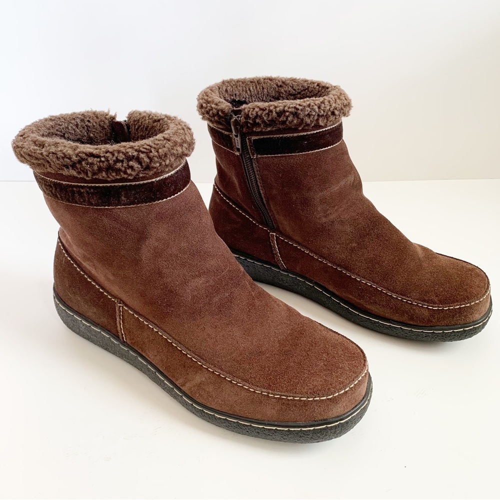 Lands End Suede Boots, Side Zip, Fleece Lined, Brown, Size 7 1/2